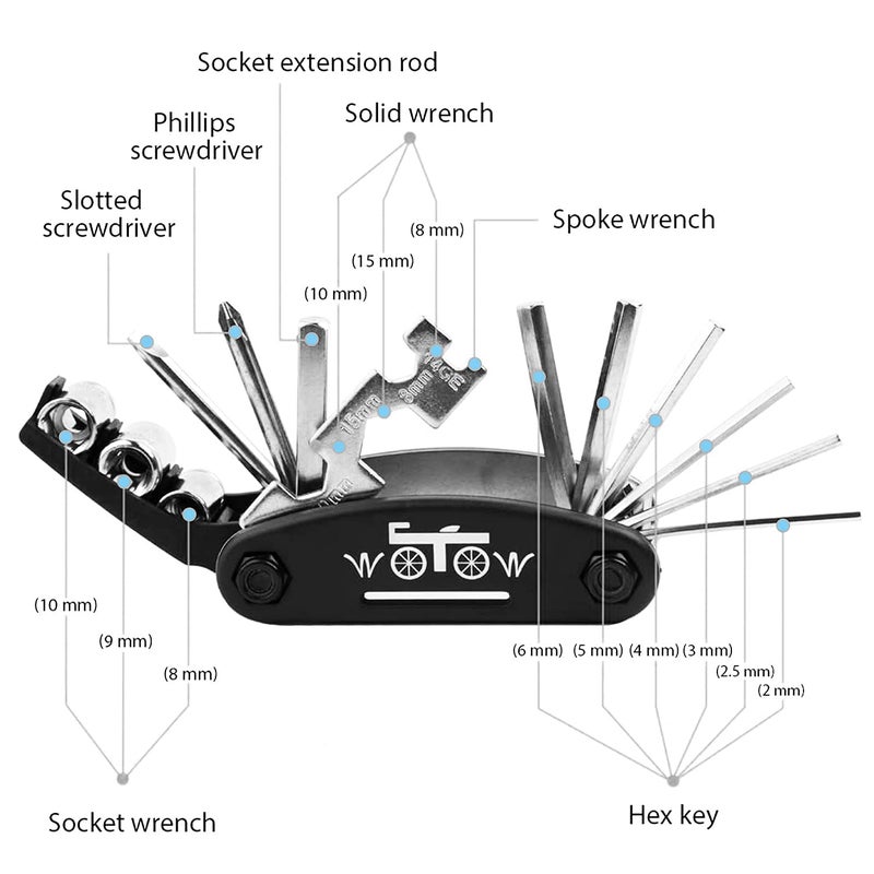 WOTOW Bike Repair Tool Kit, 16 in 1 Bicycle Multitool with Tire Levers Hex Spoke Wrench, Multi Function Accessories Set for Road Mountain Bikes - Image 2